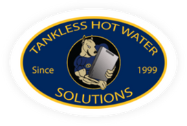 A blue and white logo of tankless hot water solutions.