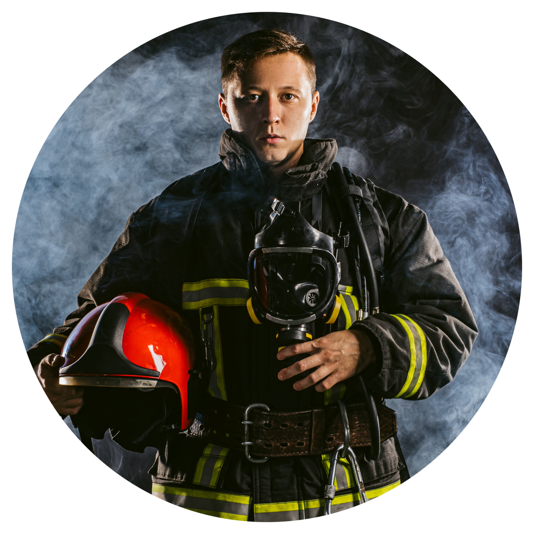 A man in black jacket holding fire helmet.