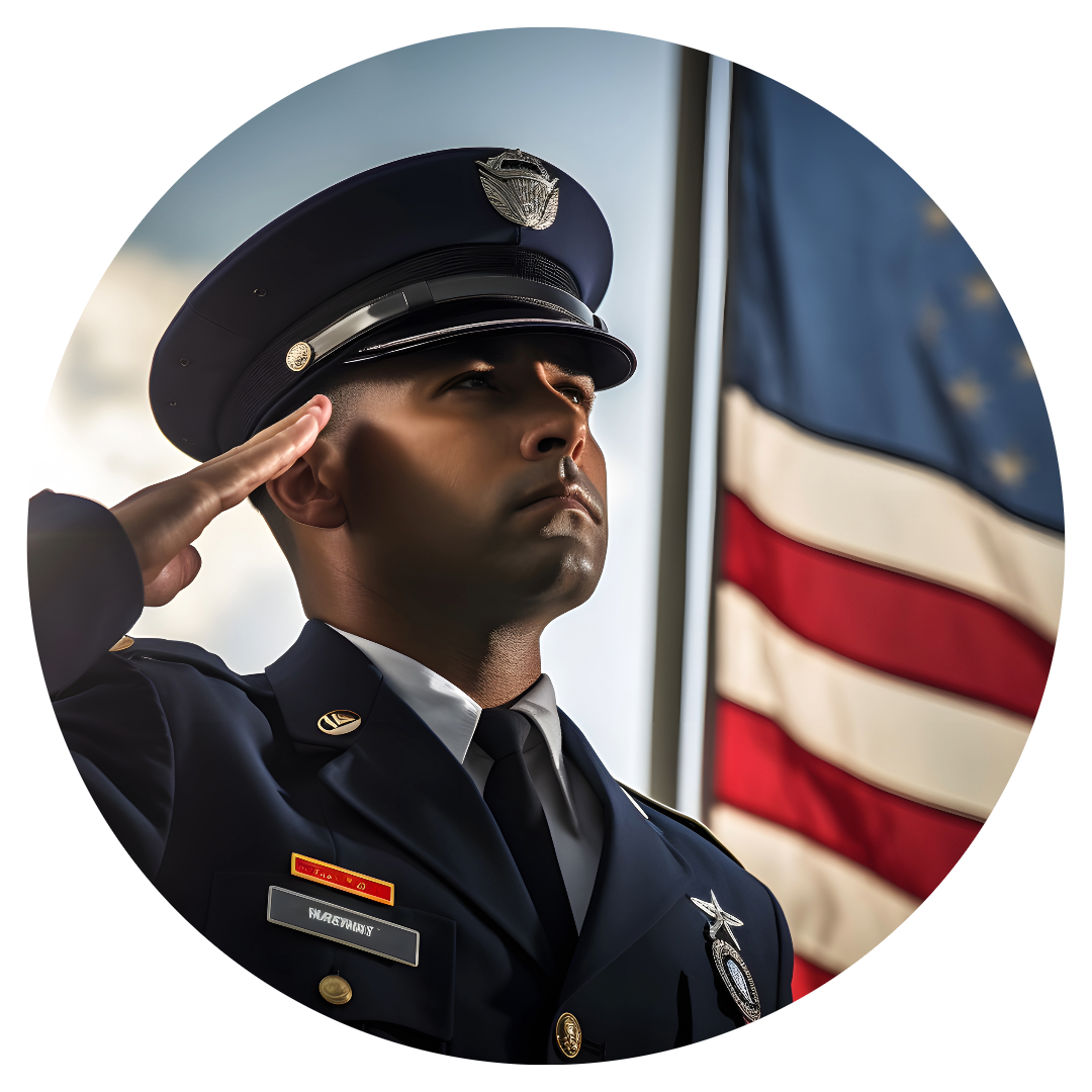 A man in uniform saluting with an american flag behind him.