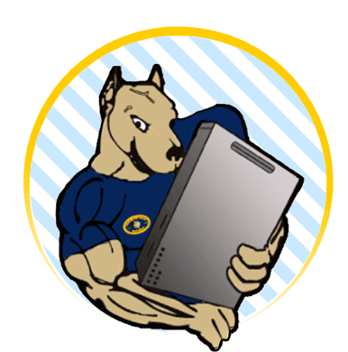 Dog character holding a tablet computer.