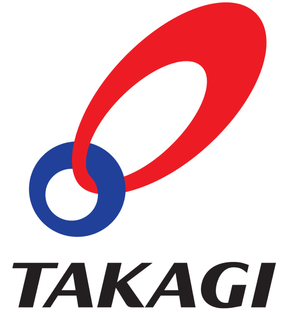 Takagi logo with red and blue rings.